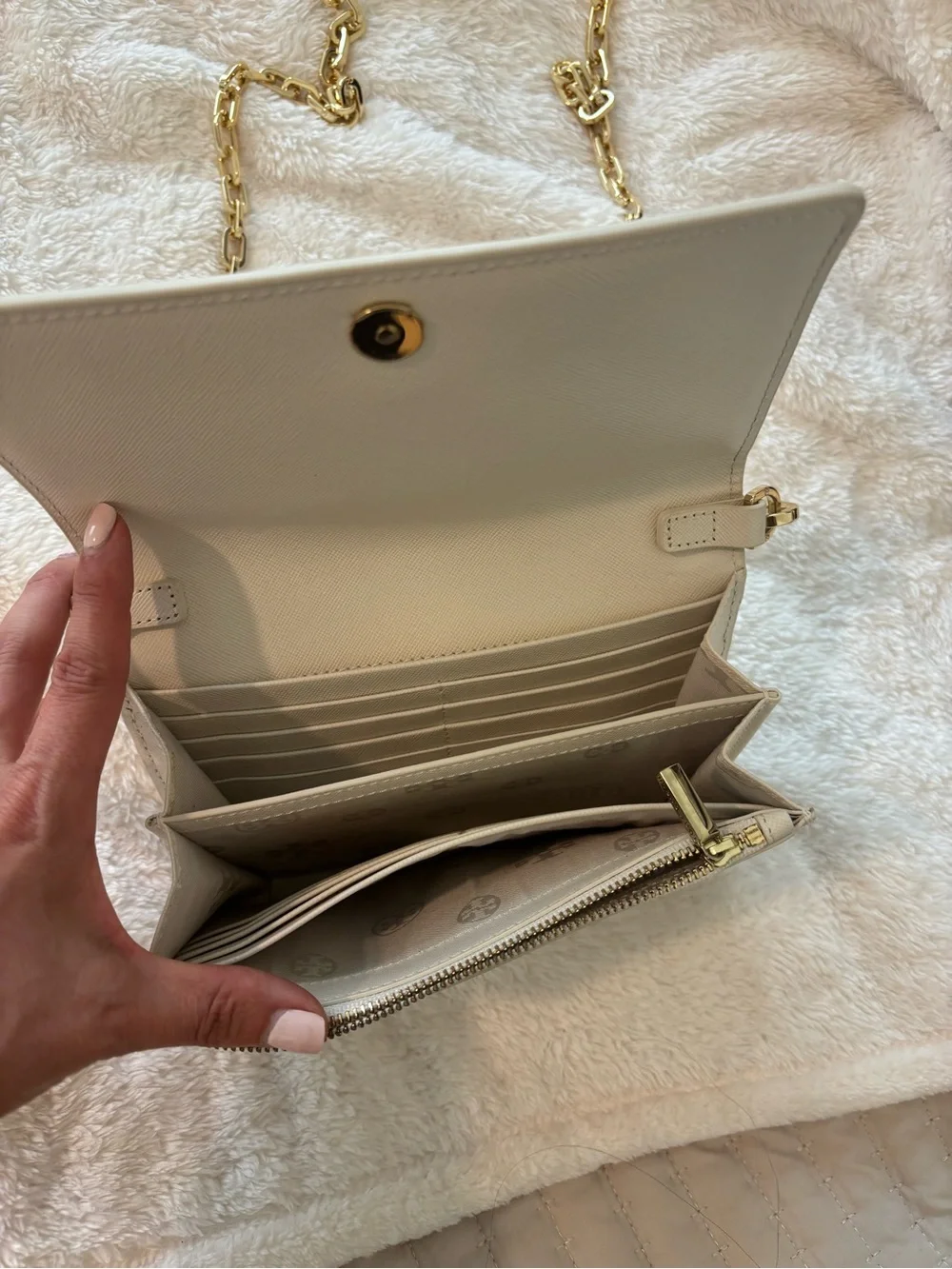 Tory Burch Ivory Leather Crossbody with Gold Chain Strap